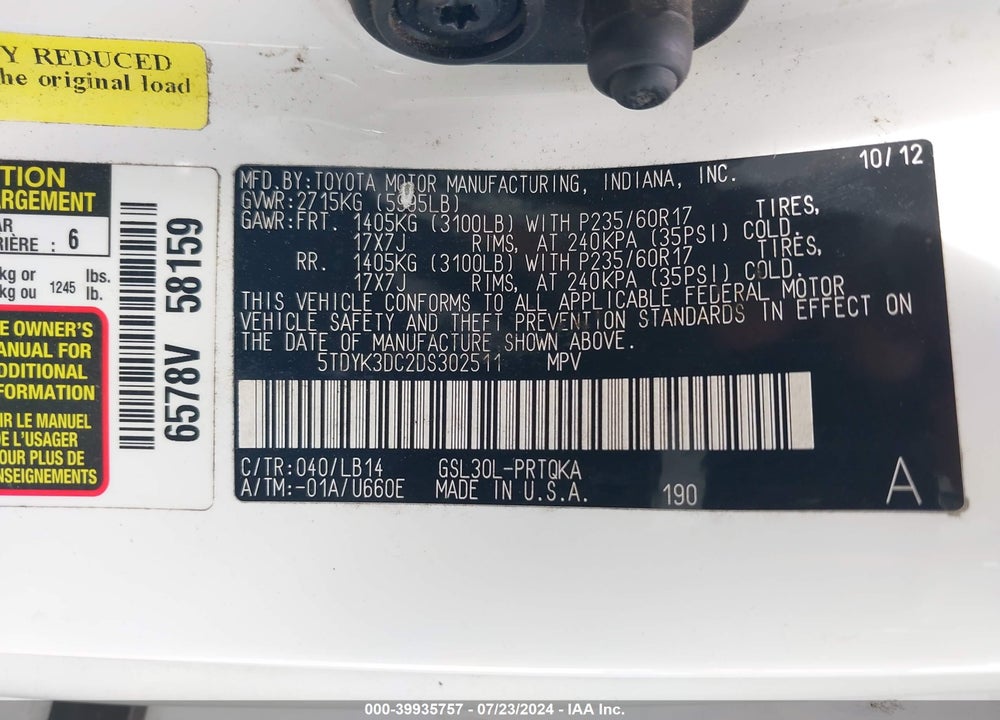 2013 TOYOTA SIENNA XLE V6 8 PASSENGER VIN: 5TDYK3DC2DS302511