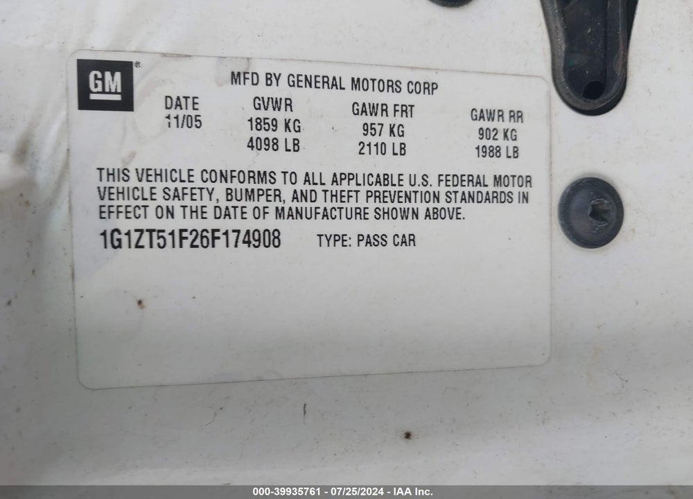 2006 CHEVROLET MALIBU LT VIN: 1G1ZT51F26F174908