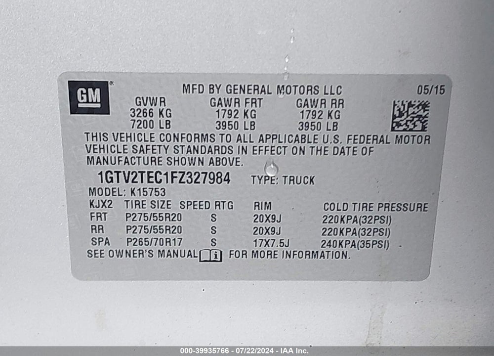 2015 GMC SIERRA 1500 VIN: 1GTV2TEC1FZ327984