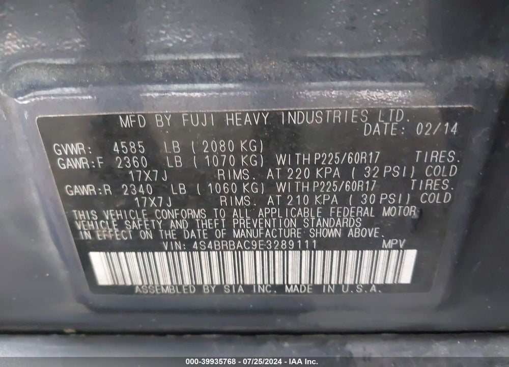 2014 SUBARU OUTBACK 2.5I VIN: 4S4BRBAC9E3289111