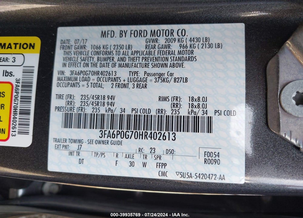 2017 FORD FUSION S VIN: 3FA6P0G70HR402613