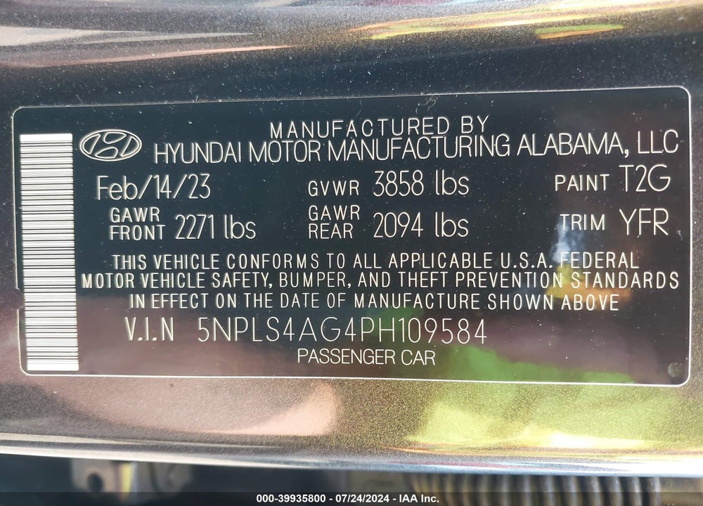 2023 HYUNDAI ELANTRA SEL VIN: 5NPLS4AG4PH109584
