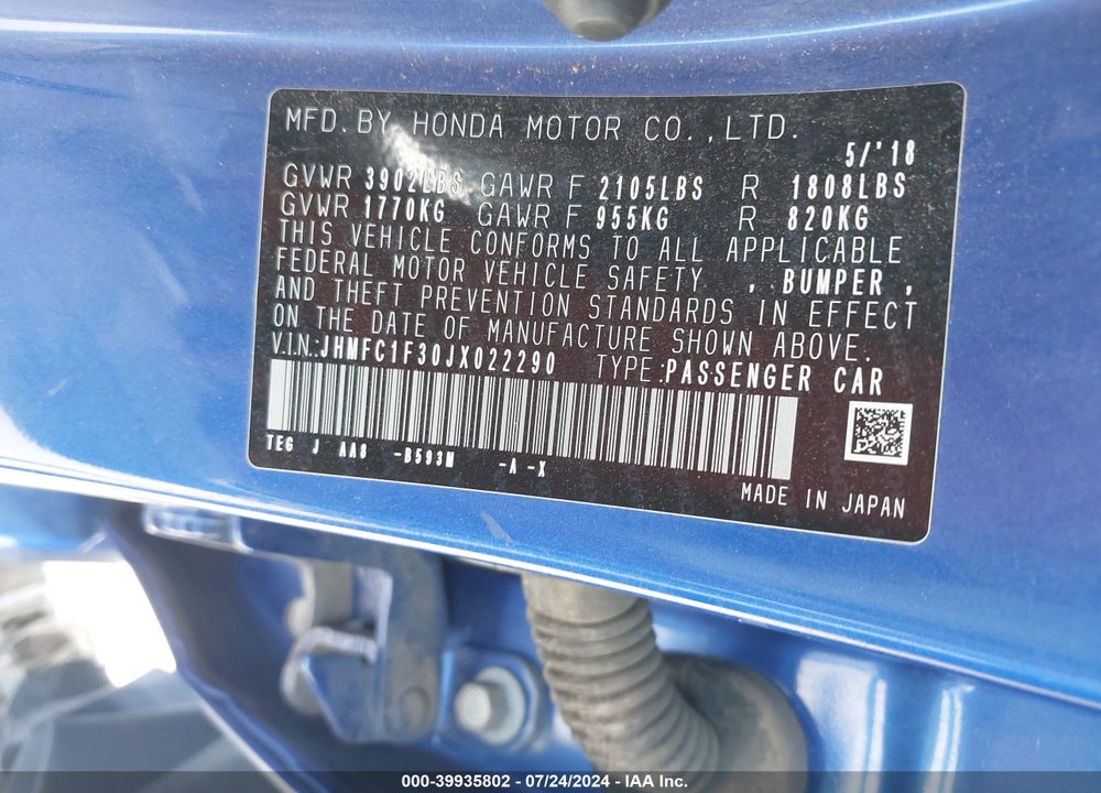 2018 HONDA CIVIC EX-T VIN: JHMFC1F30JX022290
