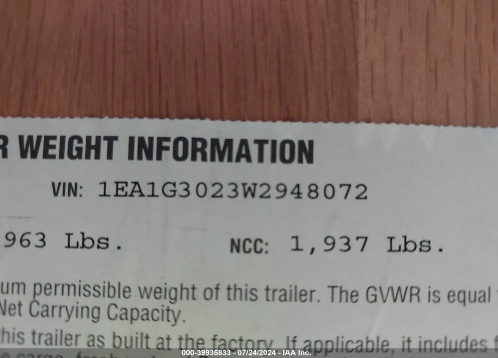1998 TRAILER TERRY TRAVEL  30' VIN: 1EA1G3023W2948072