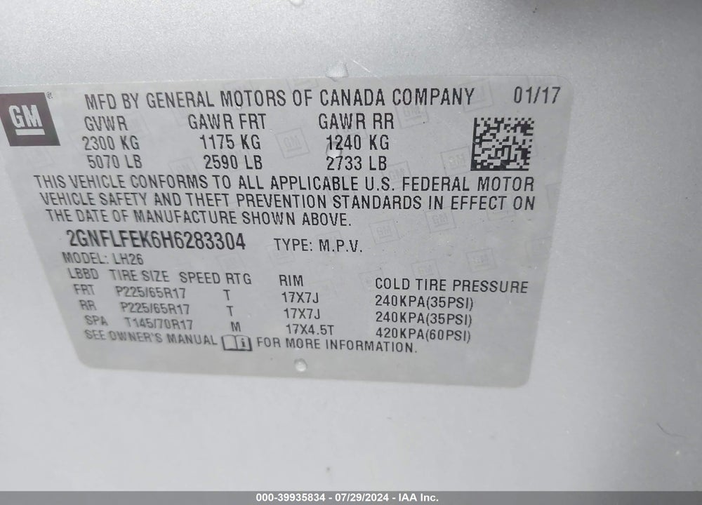 2017 CHEVROLET EQUINOX LT VIN: 2GNFLFEK6H6283304