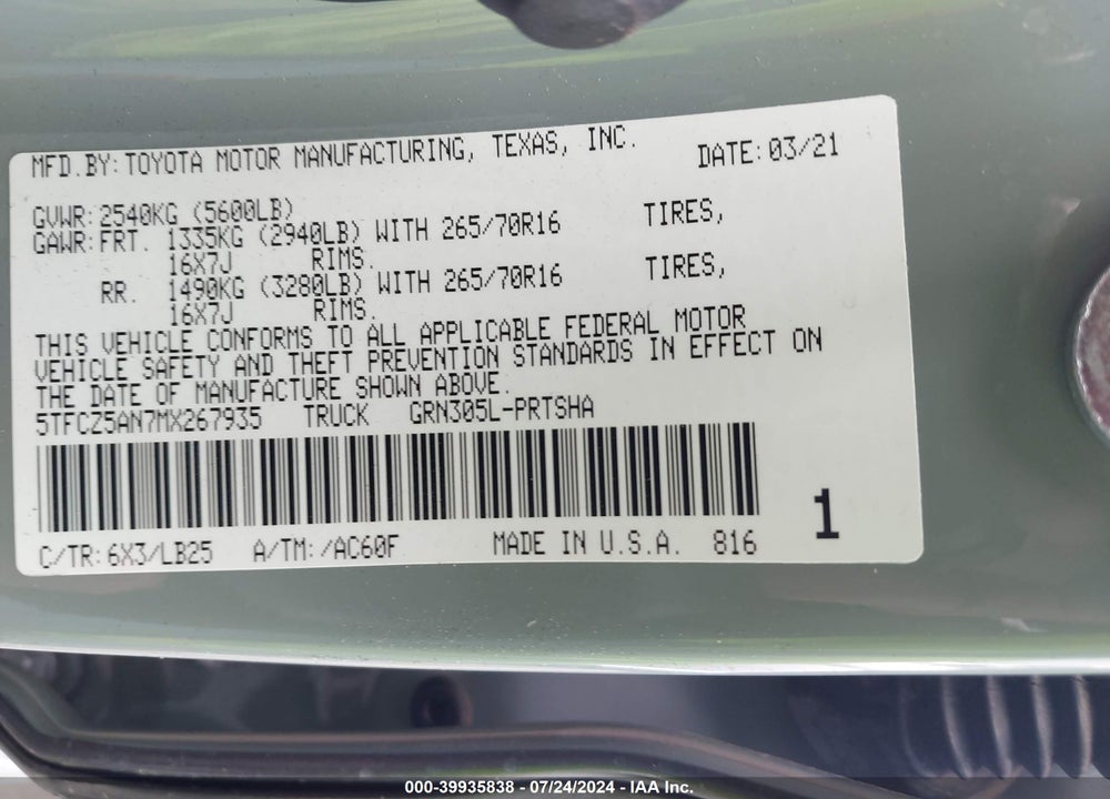 2021 TOYOTA TACOMA TRD PRO VIN: 5TFCZ5AN7MX267935