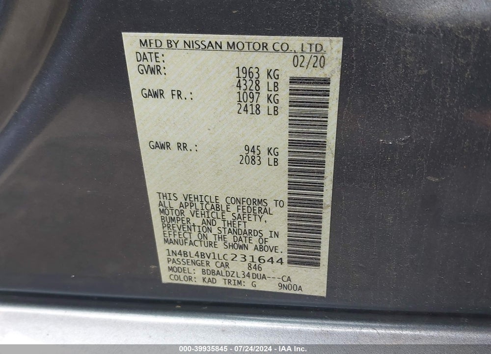 2020 NISSAN ALTIMA S FWD VIN: 1N4BL4BV1LC231644