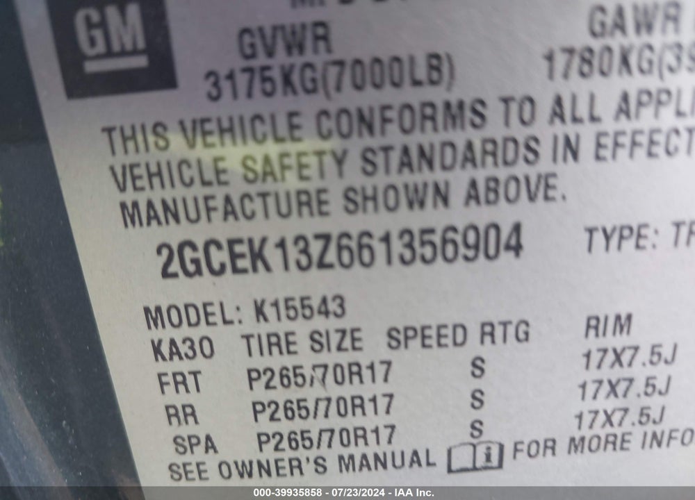 2006 CHEVROLET SILVERADO 1500 LT1 VIN: 2GCEK13Z661356904