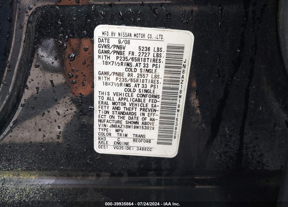 2009 NISSAN MURANO SL VIN: JN8AZ18W19W153929