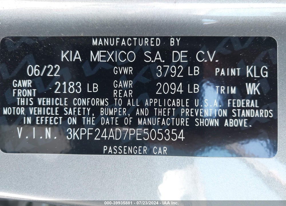 2023 KIA FORTE LXS VIN: 3KPF24AD7PE505354