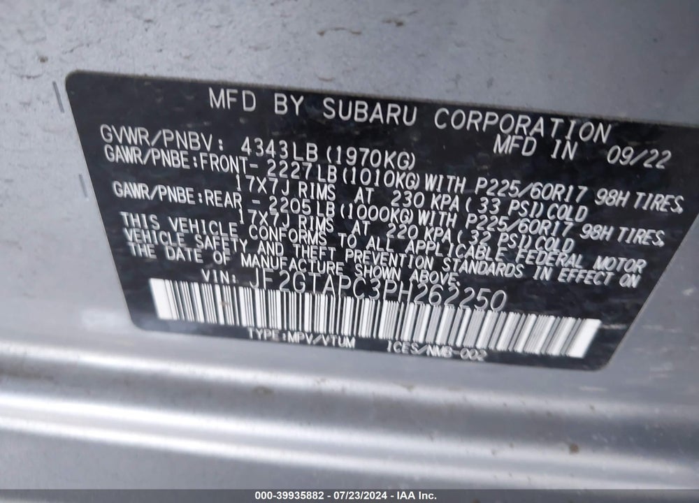 2023 SUBARU CROSSTREK PREMIUM VIN: JF2GTAPC3PH262250