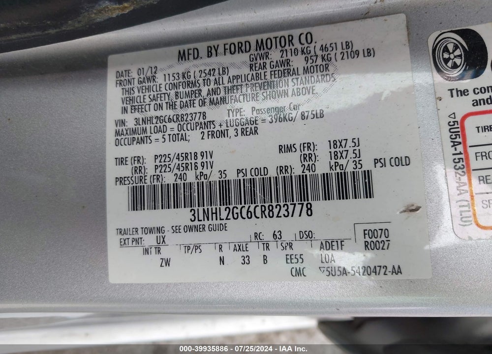 2012 LINCOLN MKZ VIN: 3LNHL2GC6CR823778