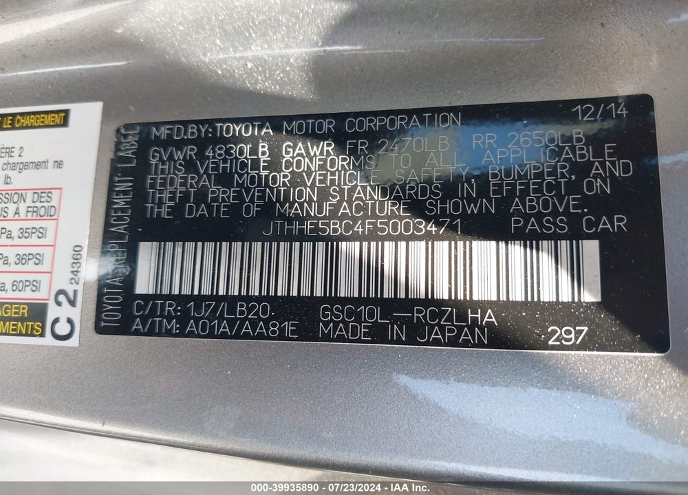 2015 LEXUS RC 350 VIN: JTHHE5BC4F5003471