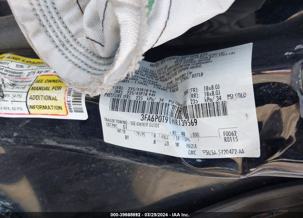 2017 FORD FUSION SE VIN: 3FA6P0T91HR139569