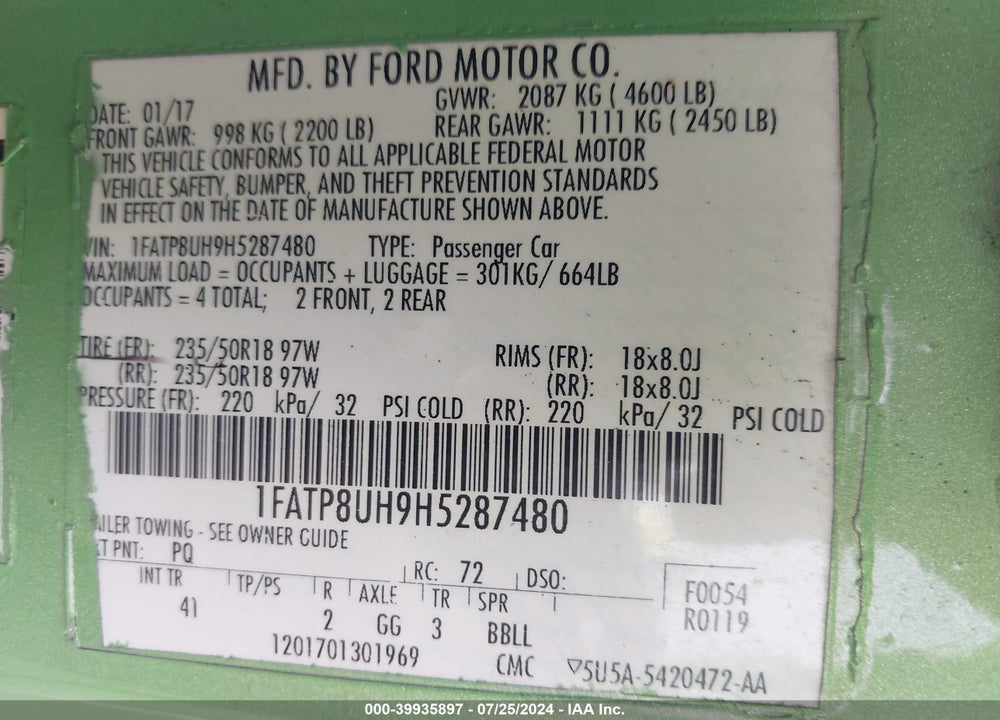 2017 FORD MUSTANG ECOBOOST PREMIUM VIN: 1FATP8UH9H5287480