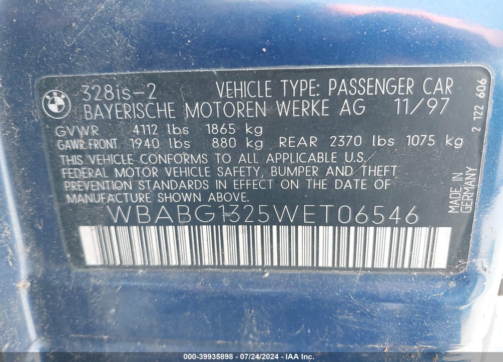 1998 BMW 328IS VIN: WBABG1325WET06546