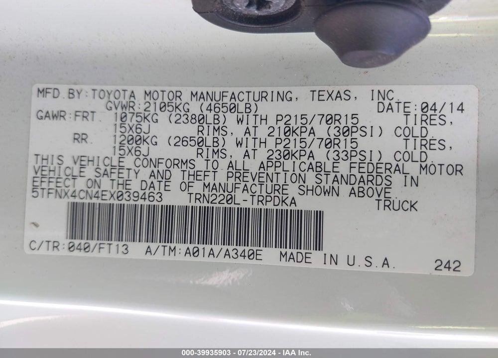 2014 TOYOTA TACOMA VIN: 5TFNX4CN4EX039463