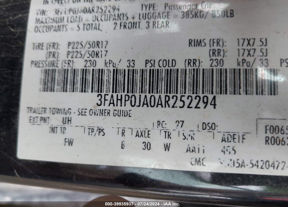 2010 FORD FUSION SEL VIN: 3FAHP0JA0AR252294