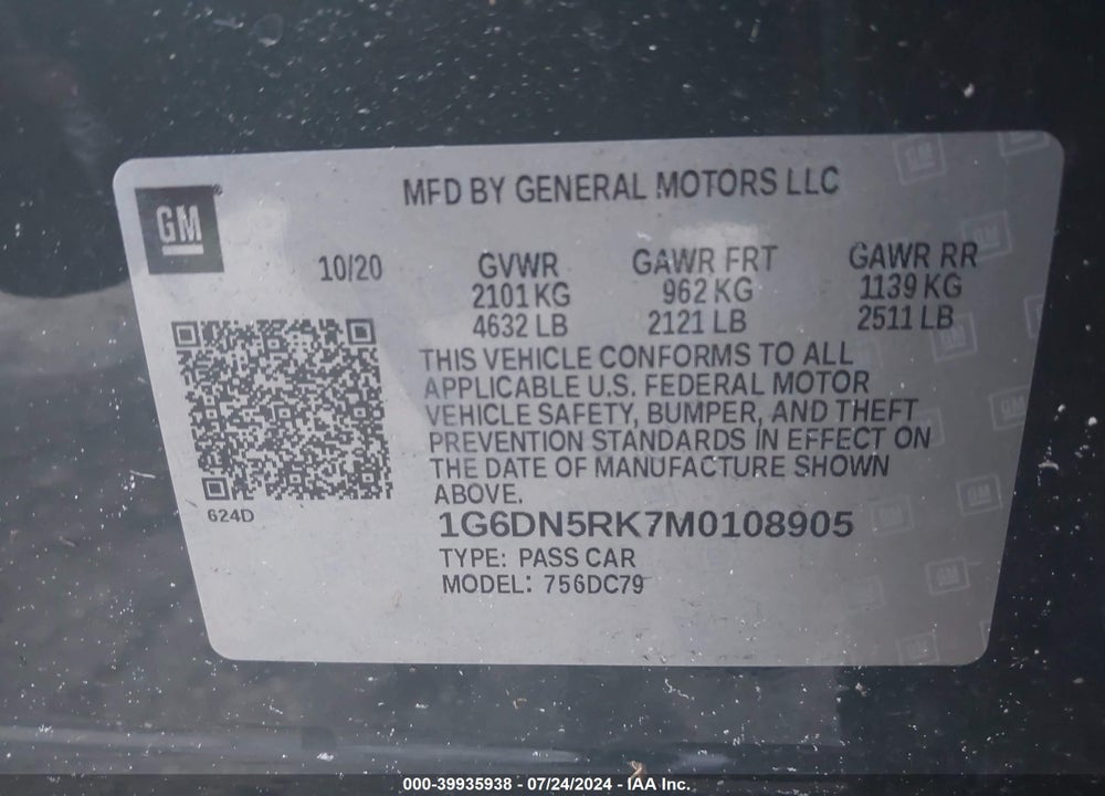 2021 CADILLAC CT5 PREMIUM LUXURY VIN: 1G6DN5RK7M0108905