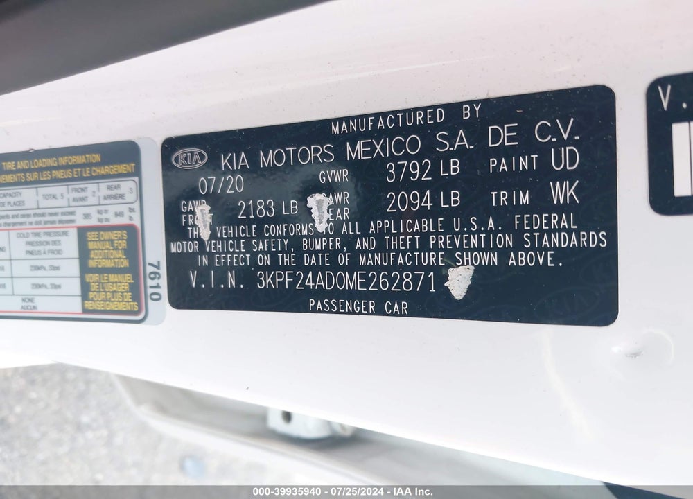 2021 KIA FORTE LXS VIN: 3KPF24AD0ME262871
