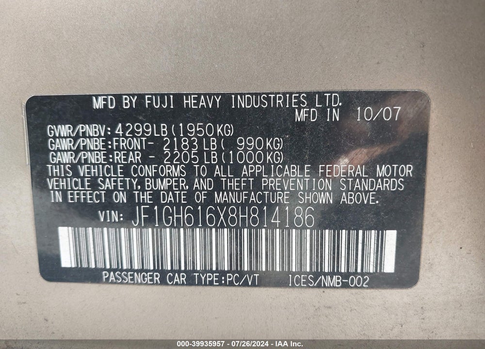 2008 SUBARU IMPREZA 2.5I VIN: JF1GH616X8H814186