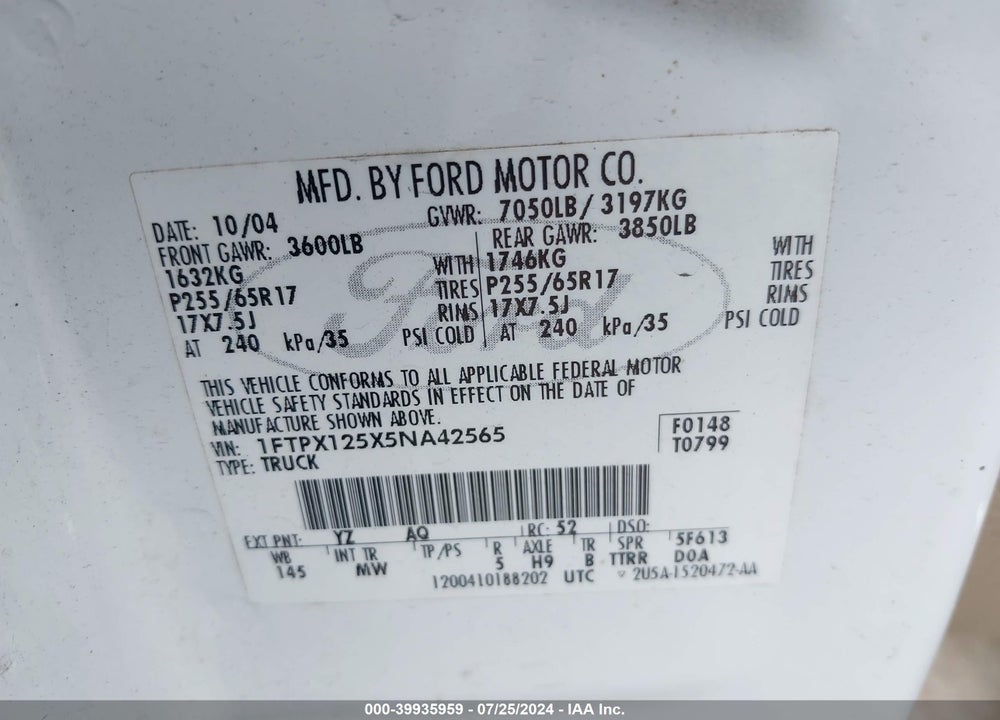 2005 FORD F-150 LARIAT/XL/XLT VIN: 1FTPX125X5NA42565
