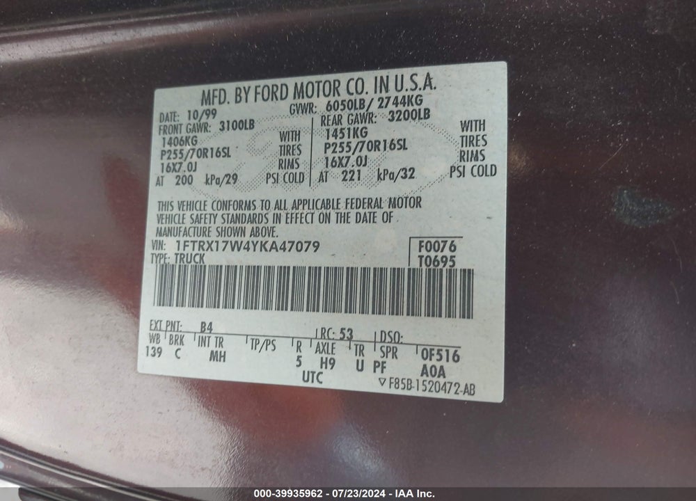 2000 FORD F-150 LARIAT/WORK SERIES/XL/XLT VIN: 1FTRX17W4YKA47079