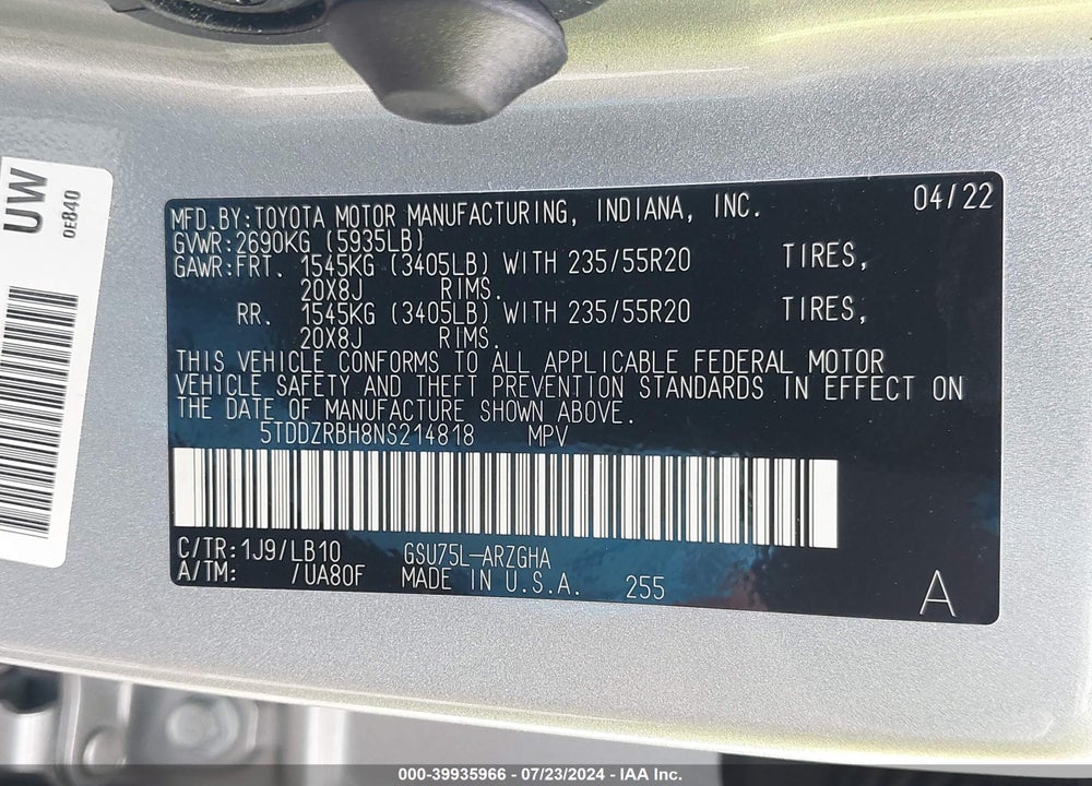 2022 TOYOTA HIGHLANDER LIMITED VIN: 5TDDZRBH8NS214818