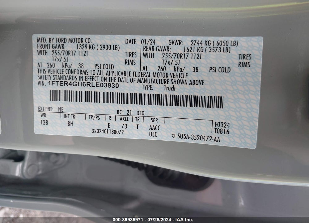 2024 FORD RANGER XLT VIN: 1FTER4GH6RLE03930