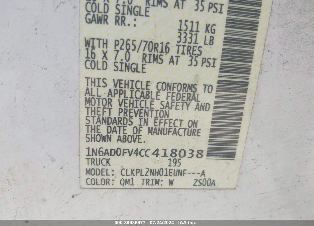2012 NISSAN FRONTIER SV VIN: 1N6AD0FV4CC418038