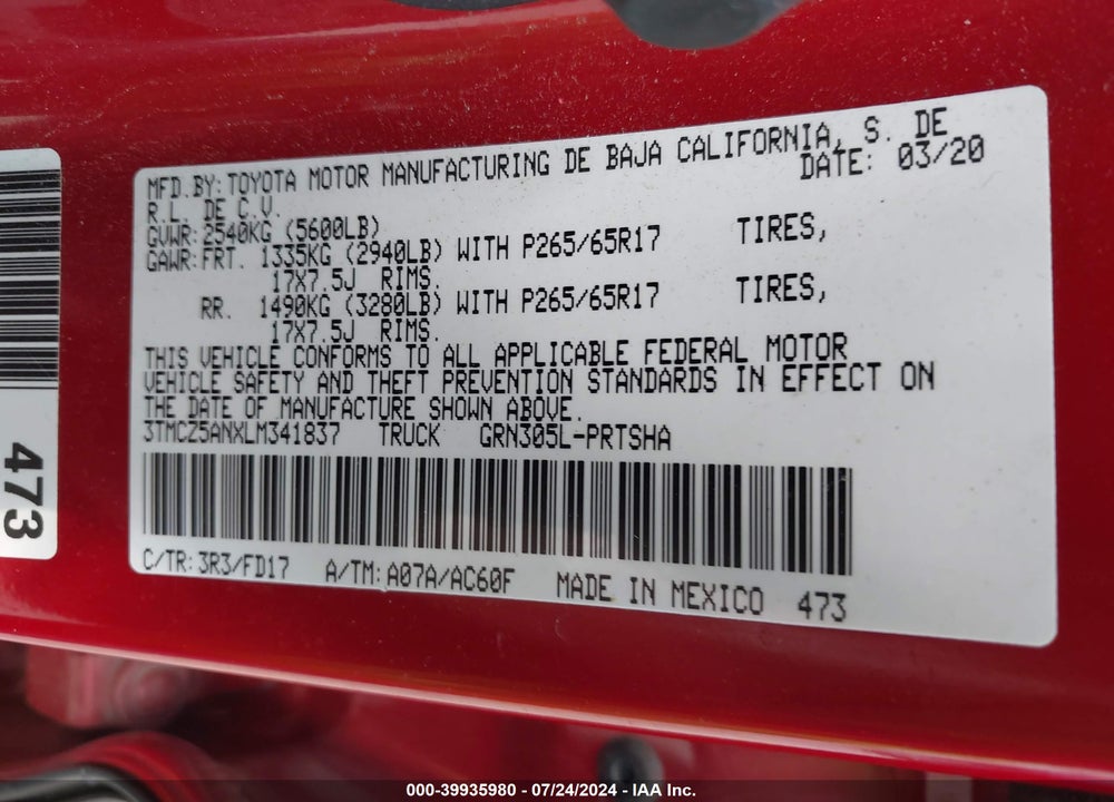 2020 TOYOTA TACOMA TRD SPORT VIN: 3TMCZ5ANXLM341837