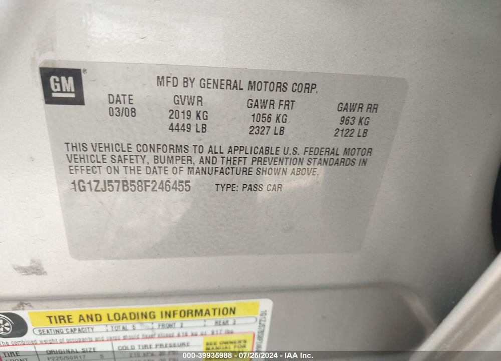 2008 CHEVROLET MALIBU LT VIN: 1G1ZJ57B58F246455