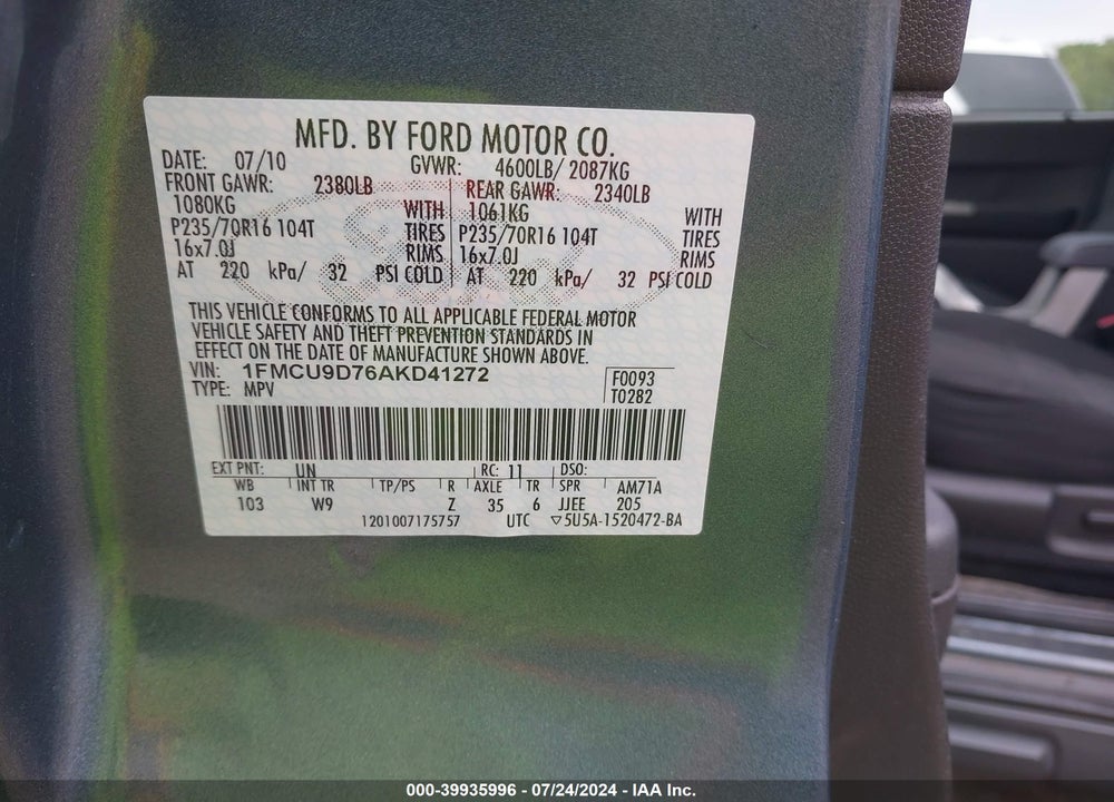 2010 FORD ESCAPE XLT VIN: 1FMCU9D76AKD41272