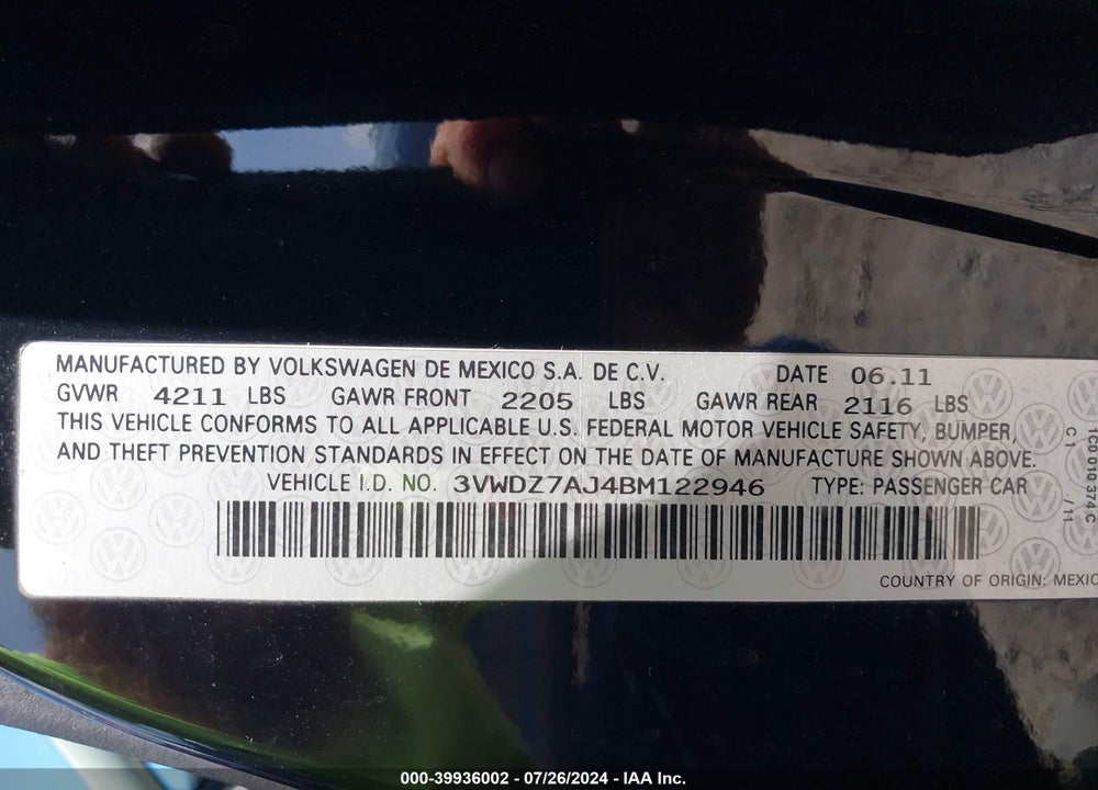 2011 VOLKSWAGEN JETTA 2.5L SE VIN: 3VWDZ7AJ4BM122946