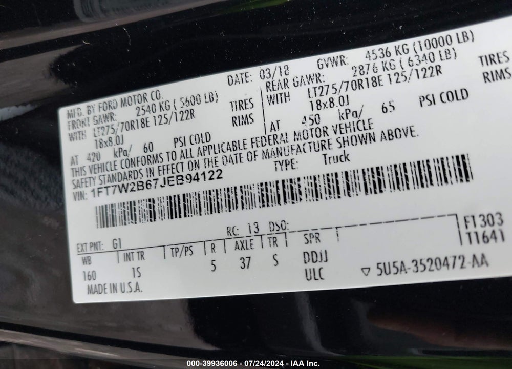2018 FORD F-250 XL VIN: 1FT7W2B67JEB94122