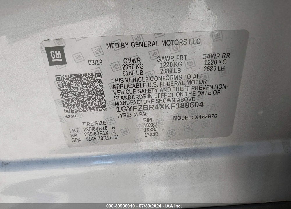 2019 CADILLAC XT4 LUXURY VIN: 1GYFZBR4XKF188604