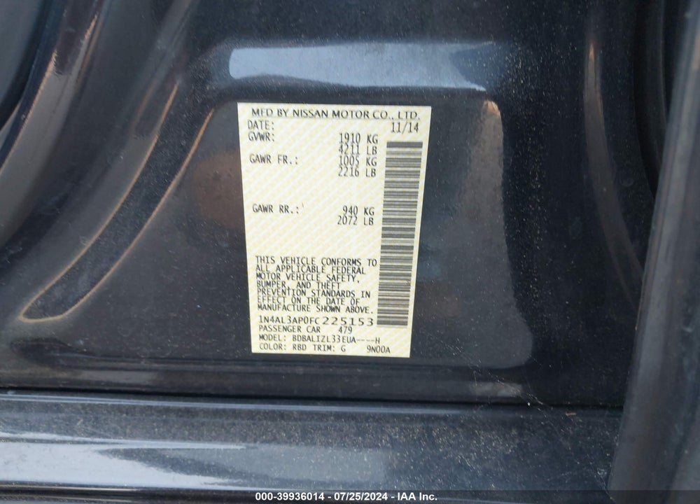 2015 NISSAN ALTIMA 2.5 SV VIN: 1N4AL3AP0FC225153