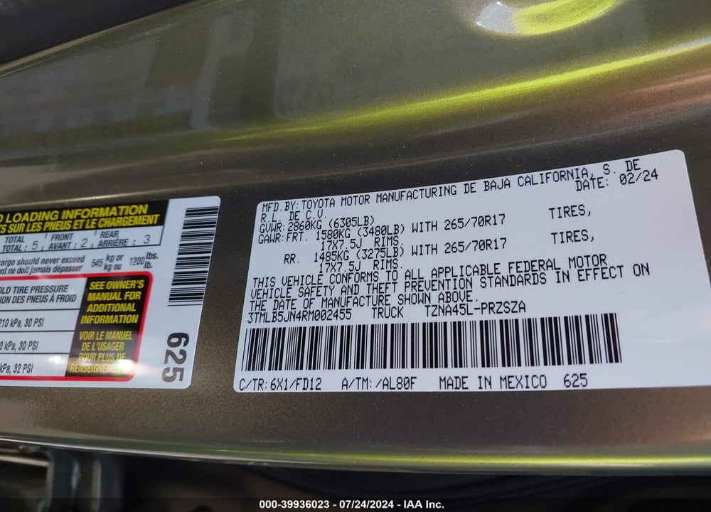 2024 TOYOTA TACOMA TRD OFF ROAD VIN: 3TMLB5JN4RM002455