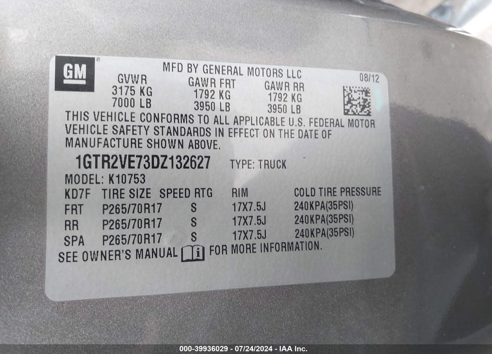 2013 GMC SIERRA 1500 SLE VIN: 1GTR2VE73DZ132627