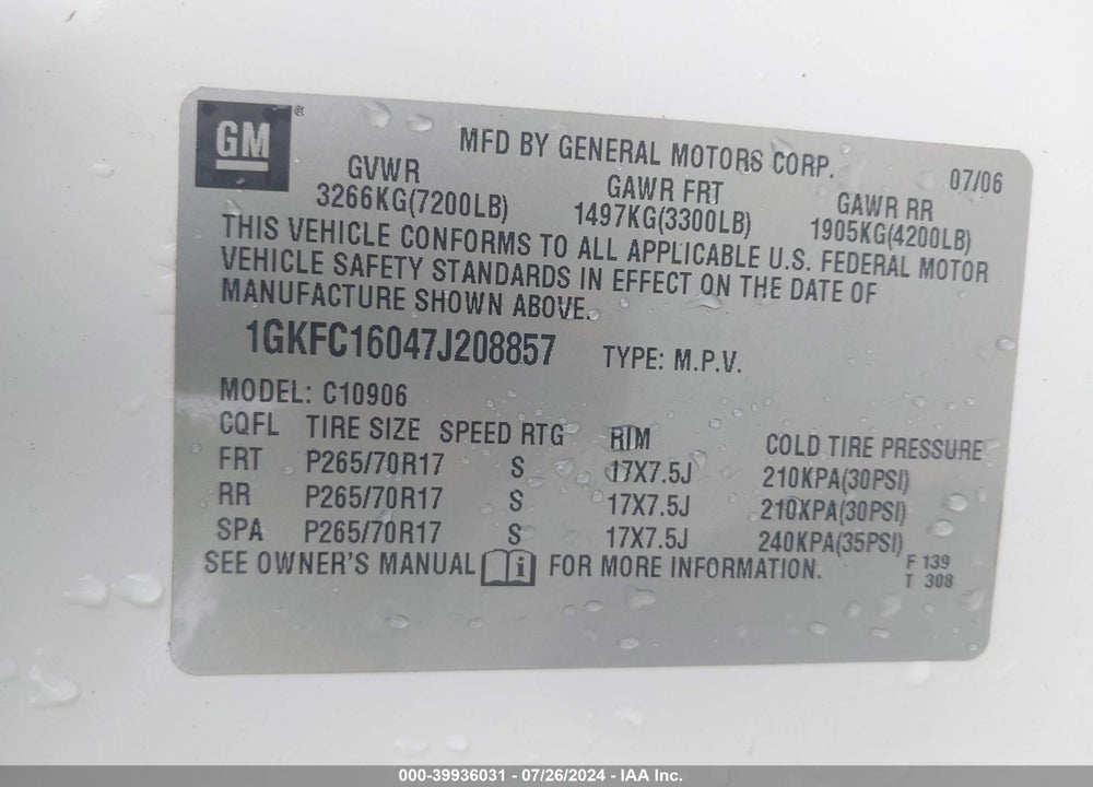 2007 GMC YUKON XL 1500 SLT VIN: 1GKFC16047J208857