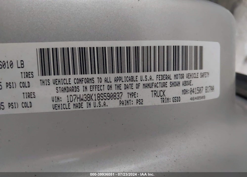 2008 DODGE DAKOTA SXT/BIGHORN/LONESTAR VIN: 1D7HW38K18S590837