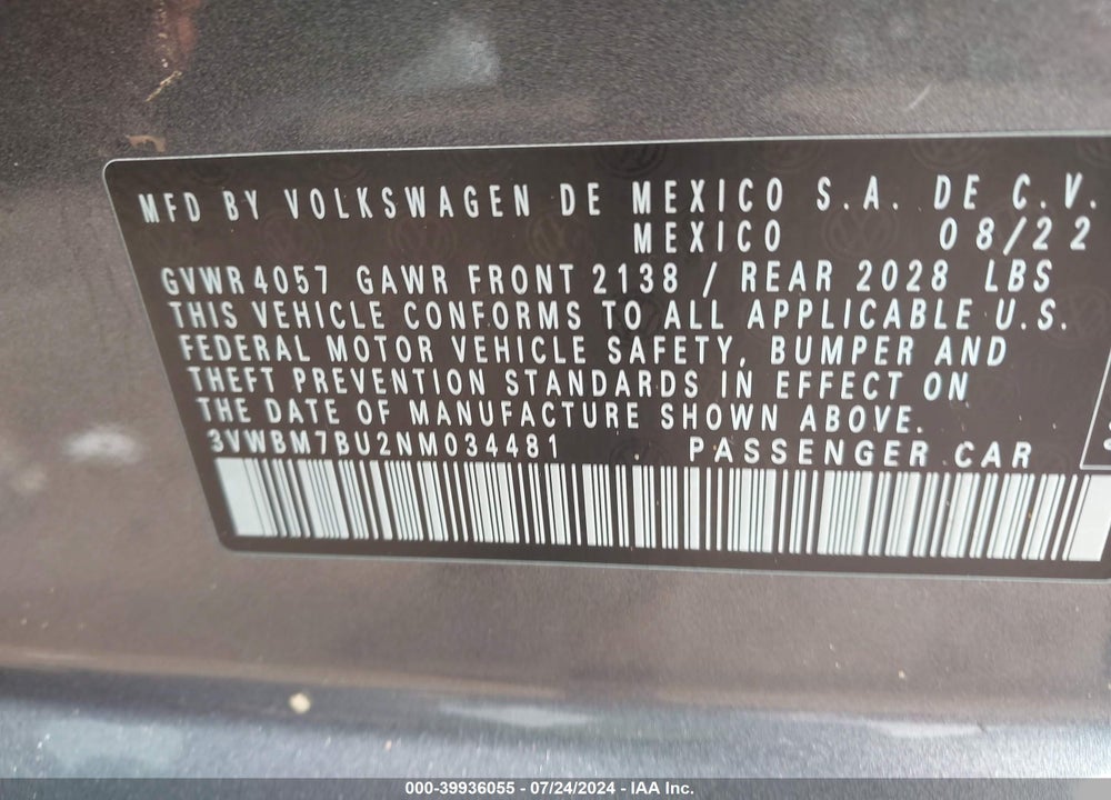 2022 VOLKSWAGEN JETTA 1.5T SPORT VIN: 3VWBM7BU2NM034481