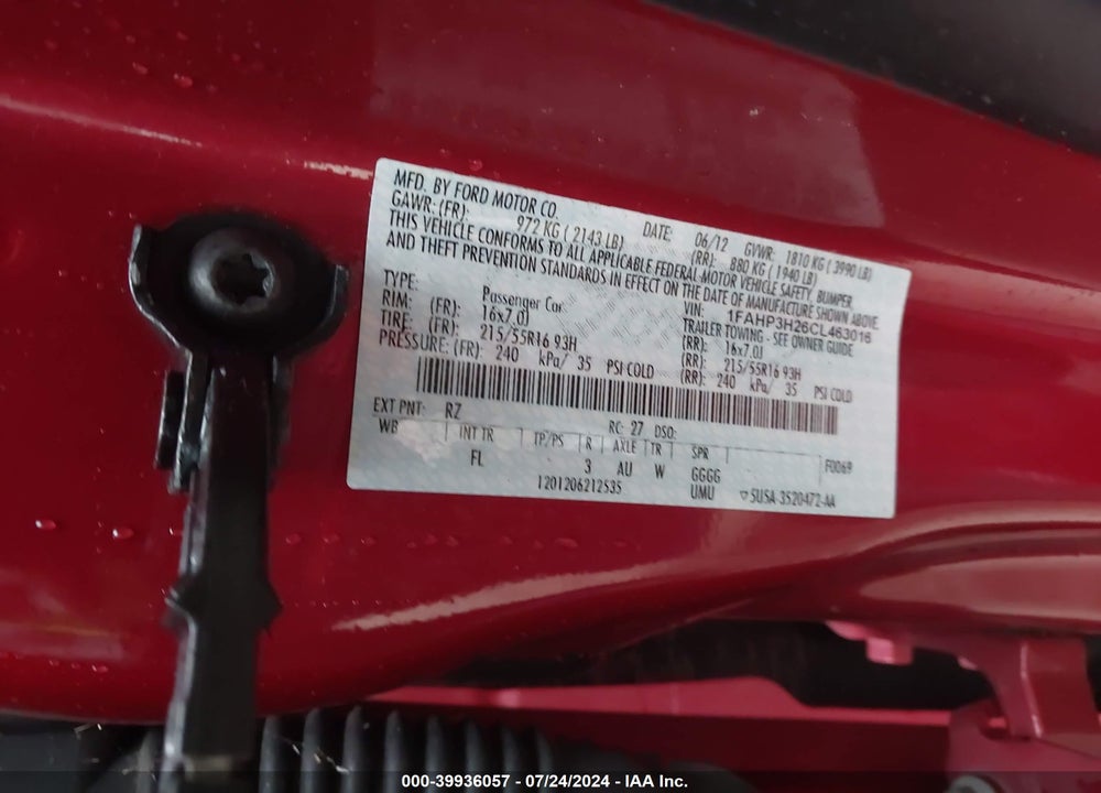 2012 FORD FOCUS SEL VIN: 1FAHP3H26CL463016
