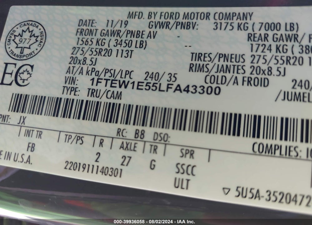 2020 FORD F-150 VIN: 1FTEW1E55LFA43300