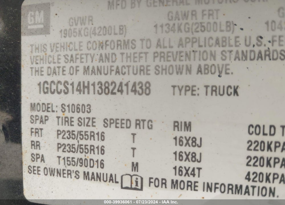 2003 CHEVROLET S-10 LS VIN: 1GCCS14H138241438