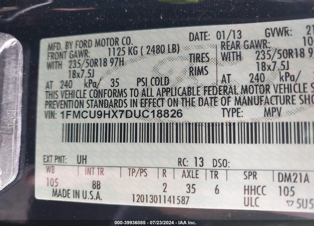 2013 FORD ESCAPE SEL VIN: 1FMCU9HX7DUC18826