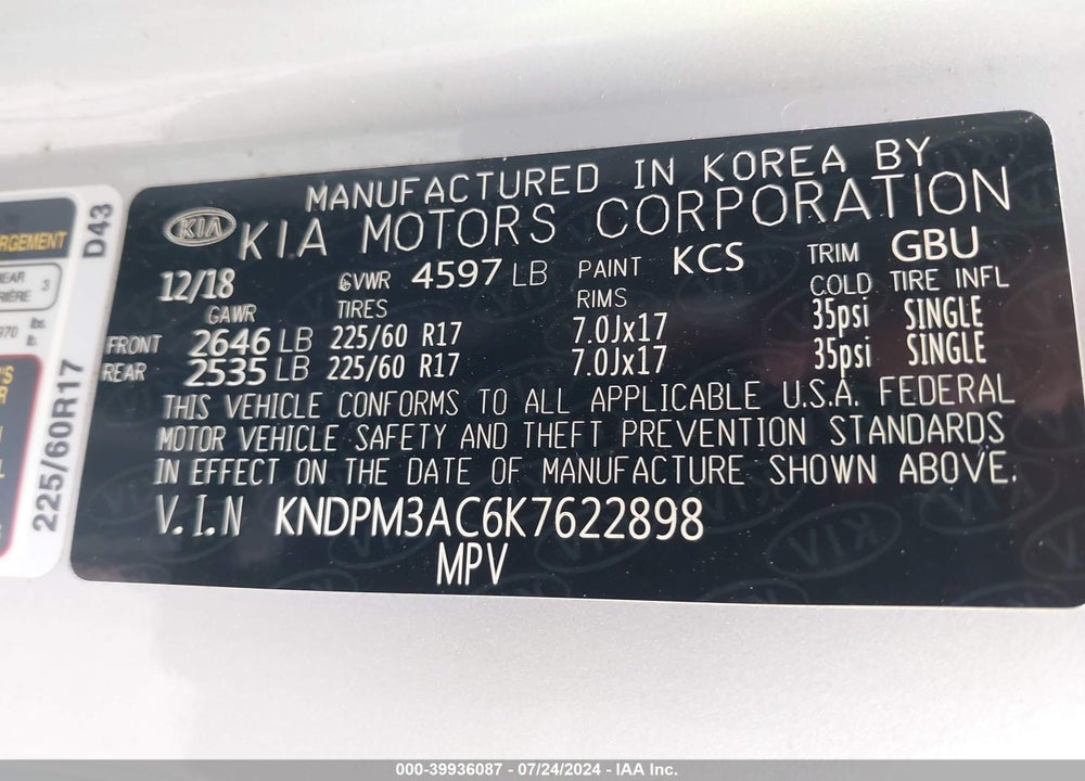 2019 KIA SPORTAGE LX VIN: KNDPM3AC6K7622898