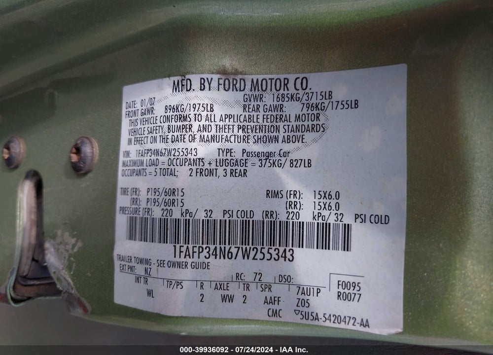 2007 FORD FOCUS S/SE/SES VIN: 1FAFP34N67W255343