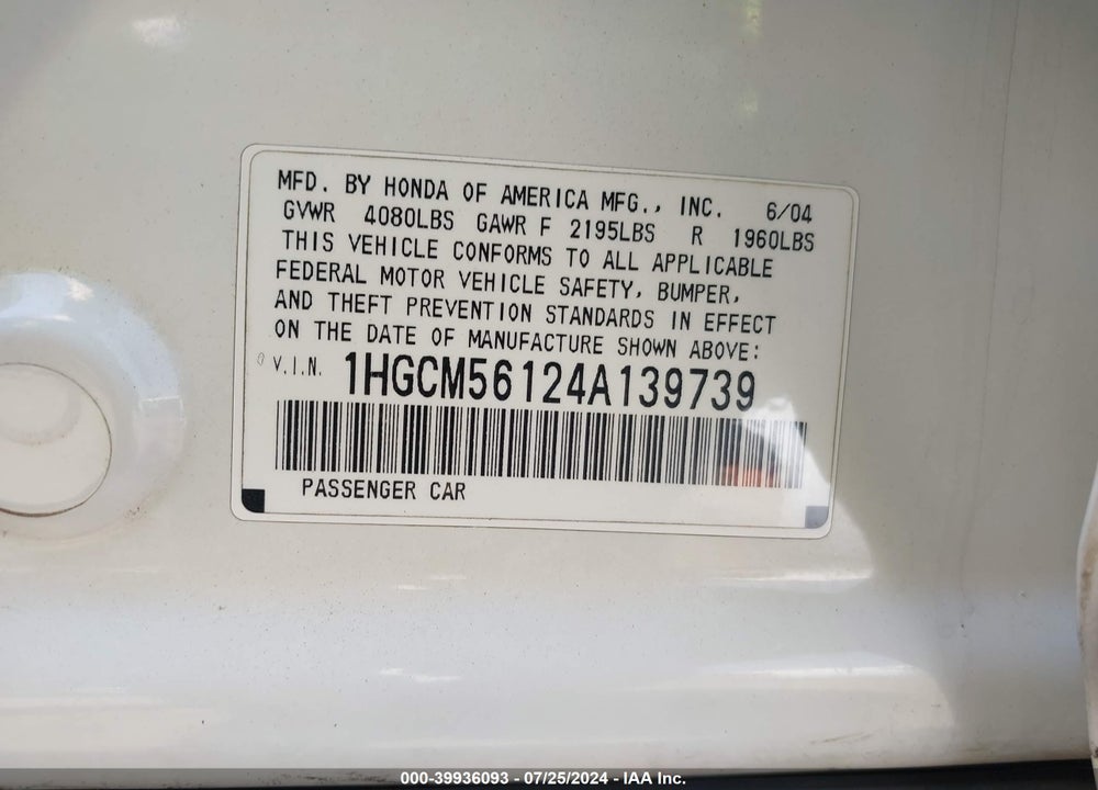 2004 HONDA ACCORD 2.4 DX VIN: 1HGCM56124A139739