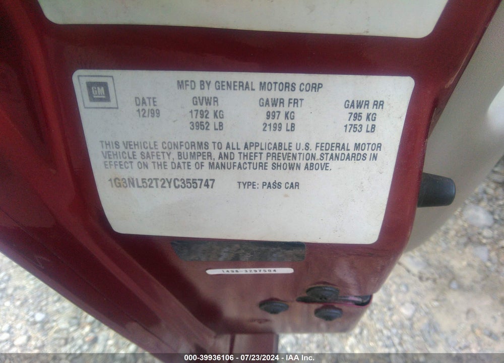 2000 OLDSMOBILE ALERO GL2 VIN: 1G3NL52T2YC355747